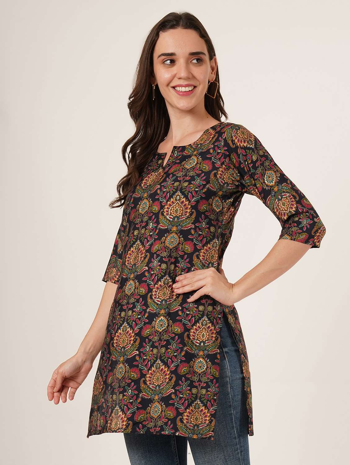 women printed three quarter sleeve straight kurti - 22068312 - Standard Image - 1