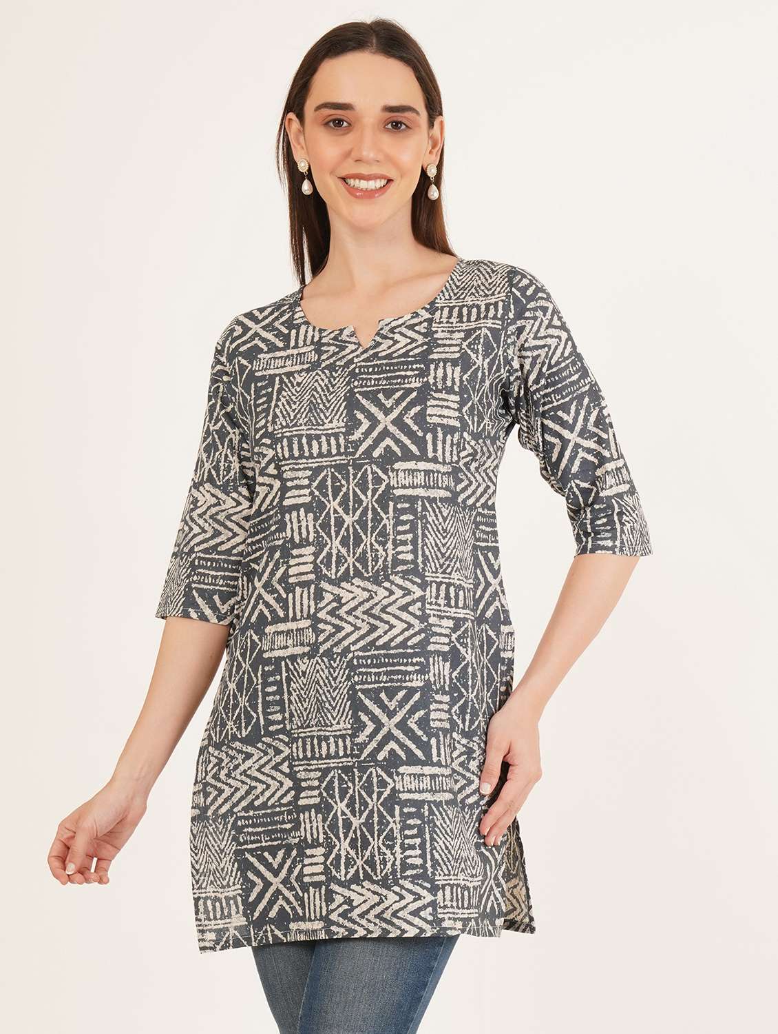 women printed three quarter sleeve straight kurti