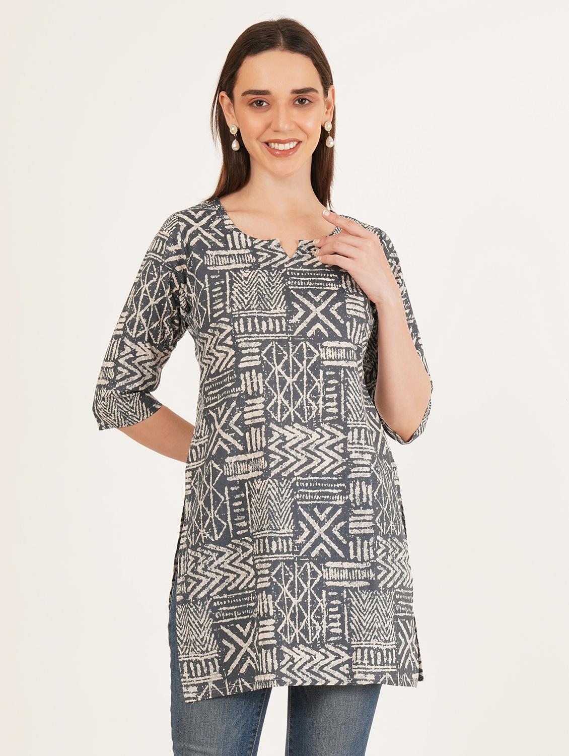 women printed three quarter sleeve straight kurti - 22068313 - Standard Image - 1