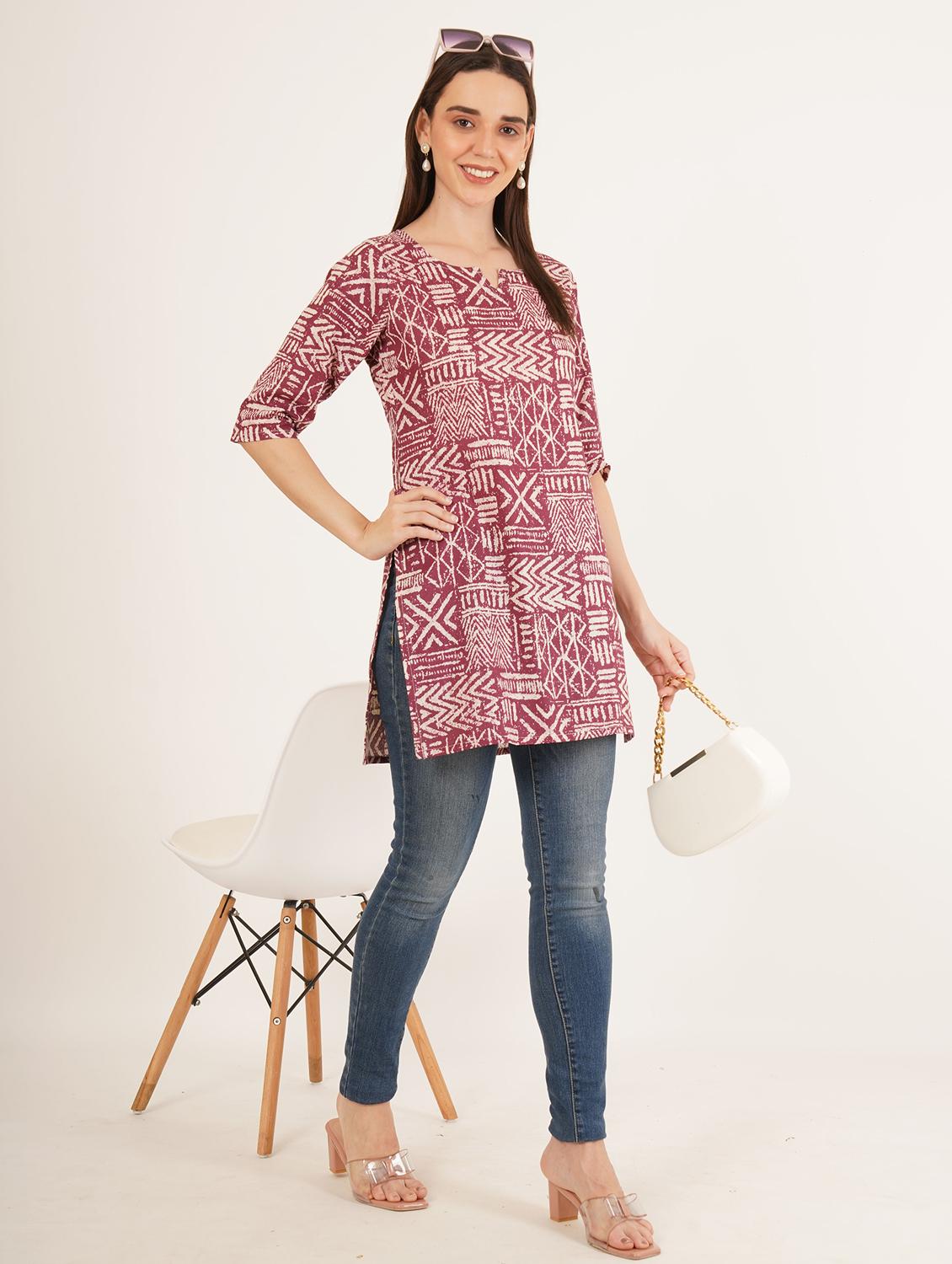 women printed three quarter sleeve straight kurti - 22068314 - Standard Image - 4