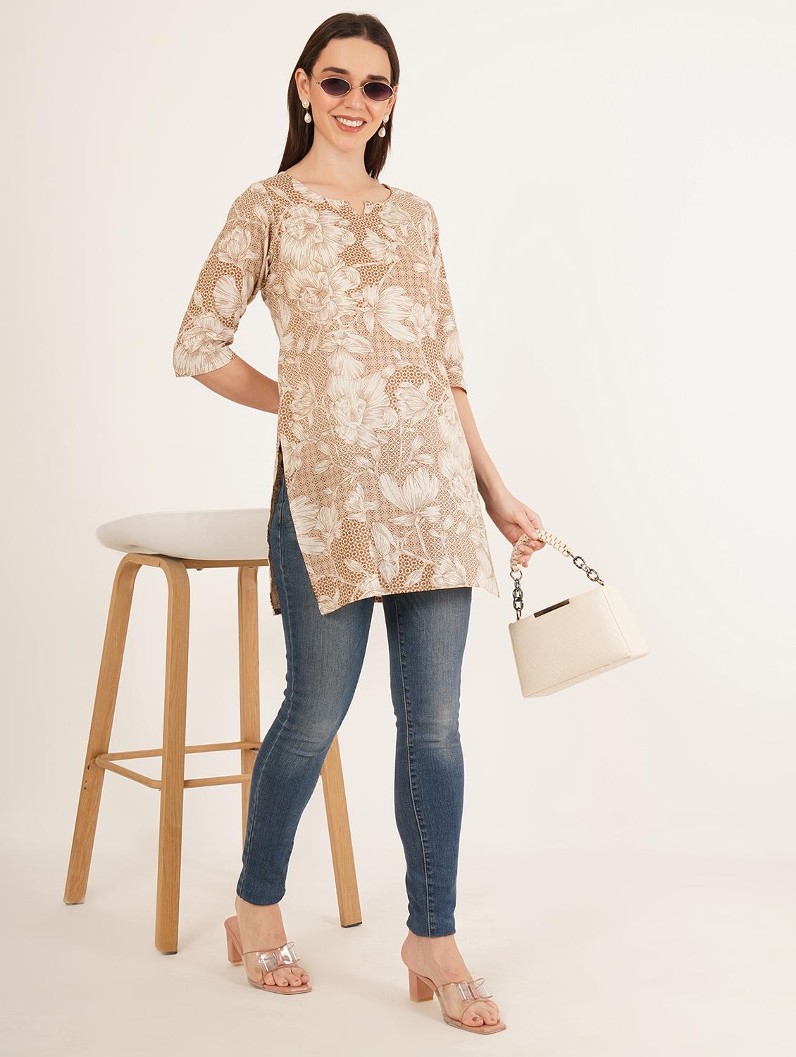 women floral printed three quarter sleeve straight kurti - 22068316 - Standard Image - 4