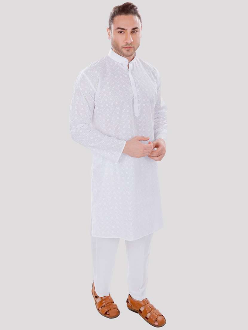 men solid with work mandarin neck long kurta - 22068366 -  Standard Image - 1