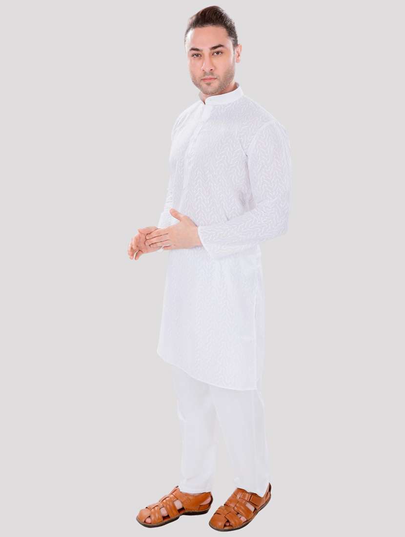 men solid with work mandarin neck long kurta - 22068367 -  Standard Image - 1
