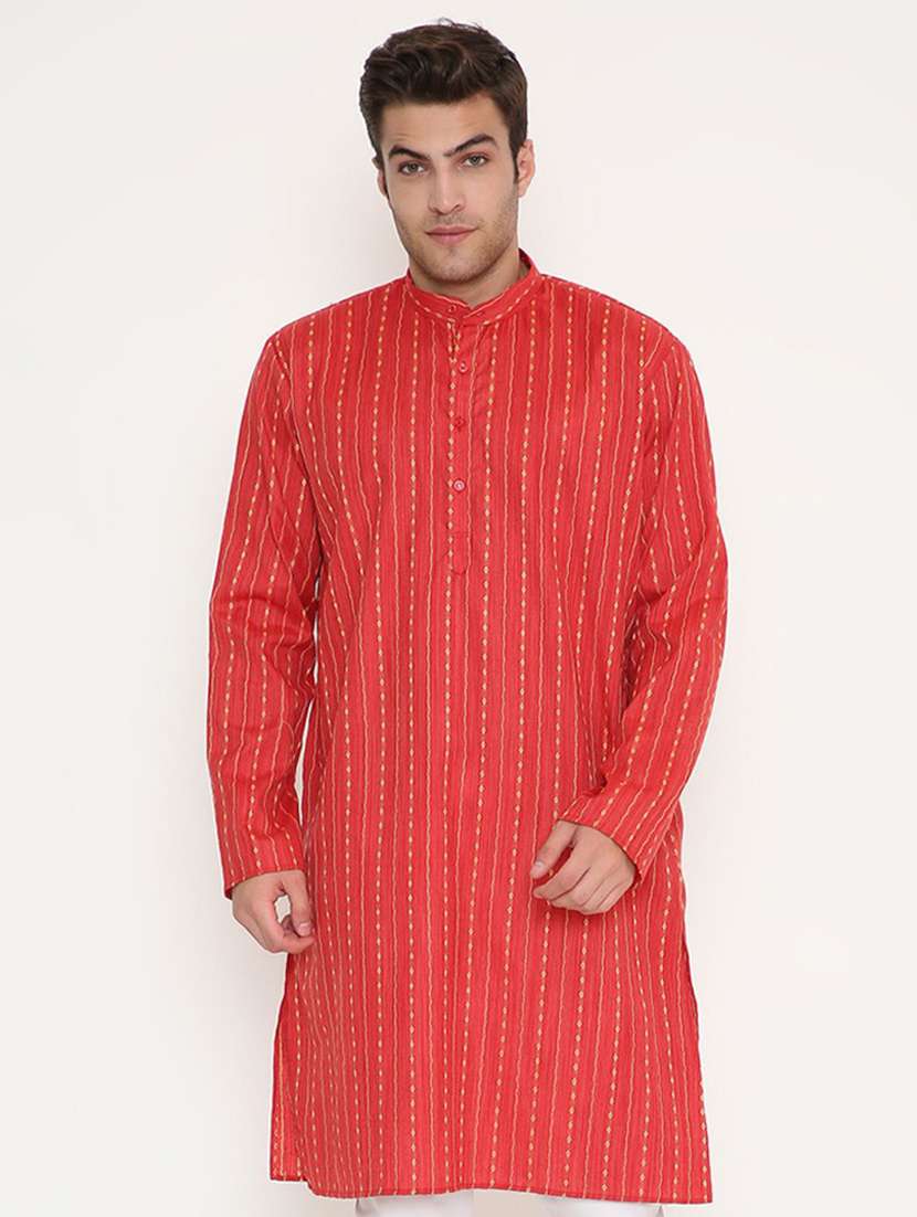 men solid with work mandarin neck long kurta - 22068400 -  Standard Image - 1