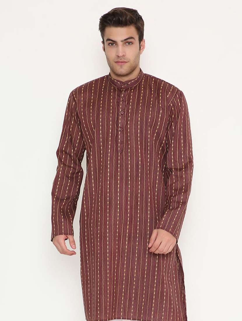 men solid with work mandarin neck long kurta - 22068450 -  Standard Image - 1