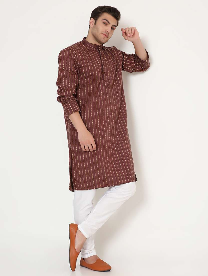 men solid with work mandarin neck long kurta - 22068450 -  Standard Image - 4