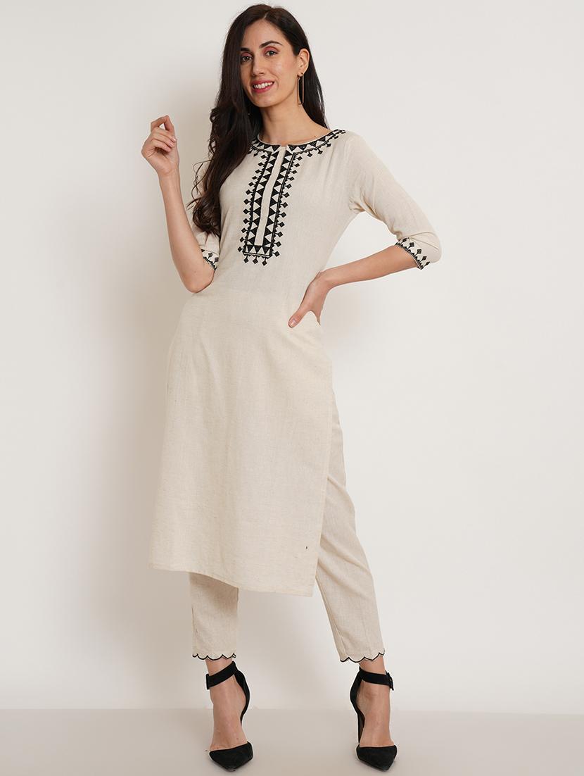 women solid with work three quarter sleeve kurta pant set - 22068455 - Standard Image - 1