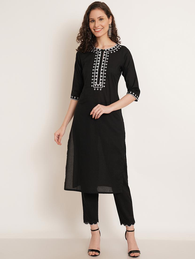 women solid with work three quarter sleeve kurta pant set - 22068456 - Standard Image - 1