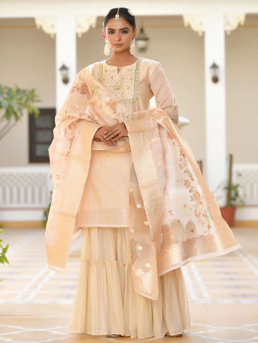 women three quarter sleeve kurta sharara with dupatta set