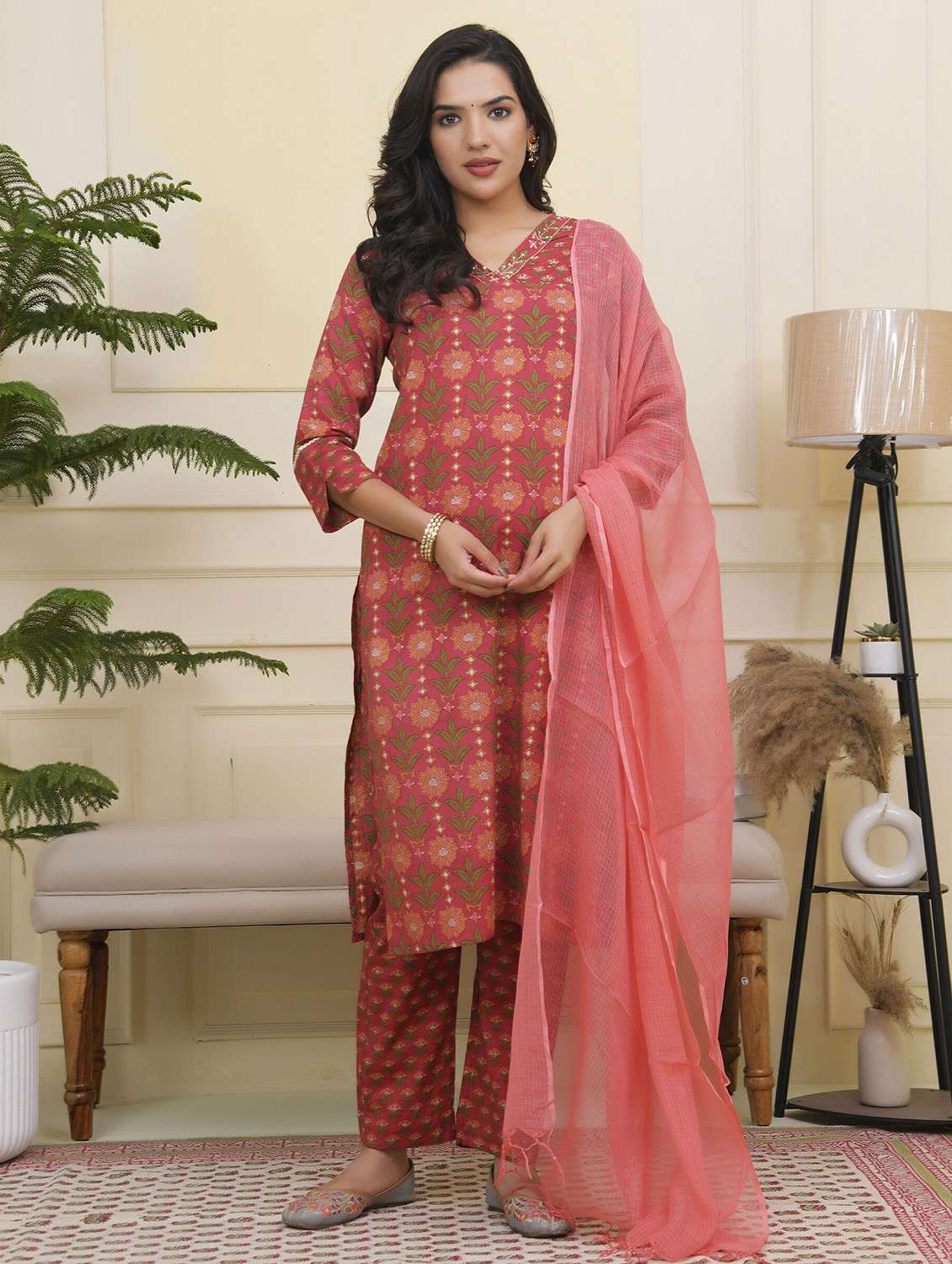 women three quarter sleeve kurta pant with dupatta set - 22068498 -  Standard Image - 1