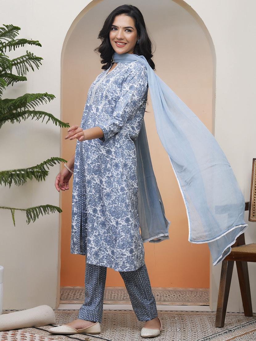 women three quarter sleeve kurta pant with dupatta set - 22068503 -  Standard Image - 1