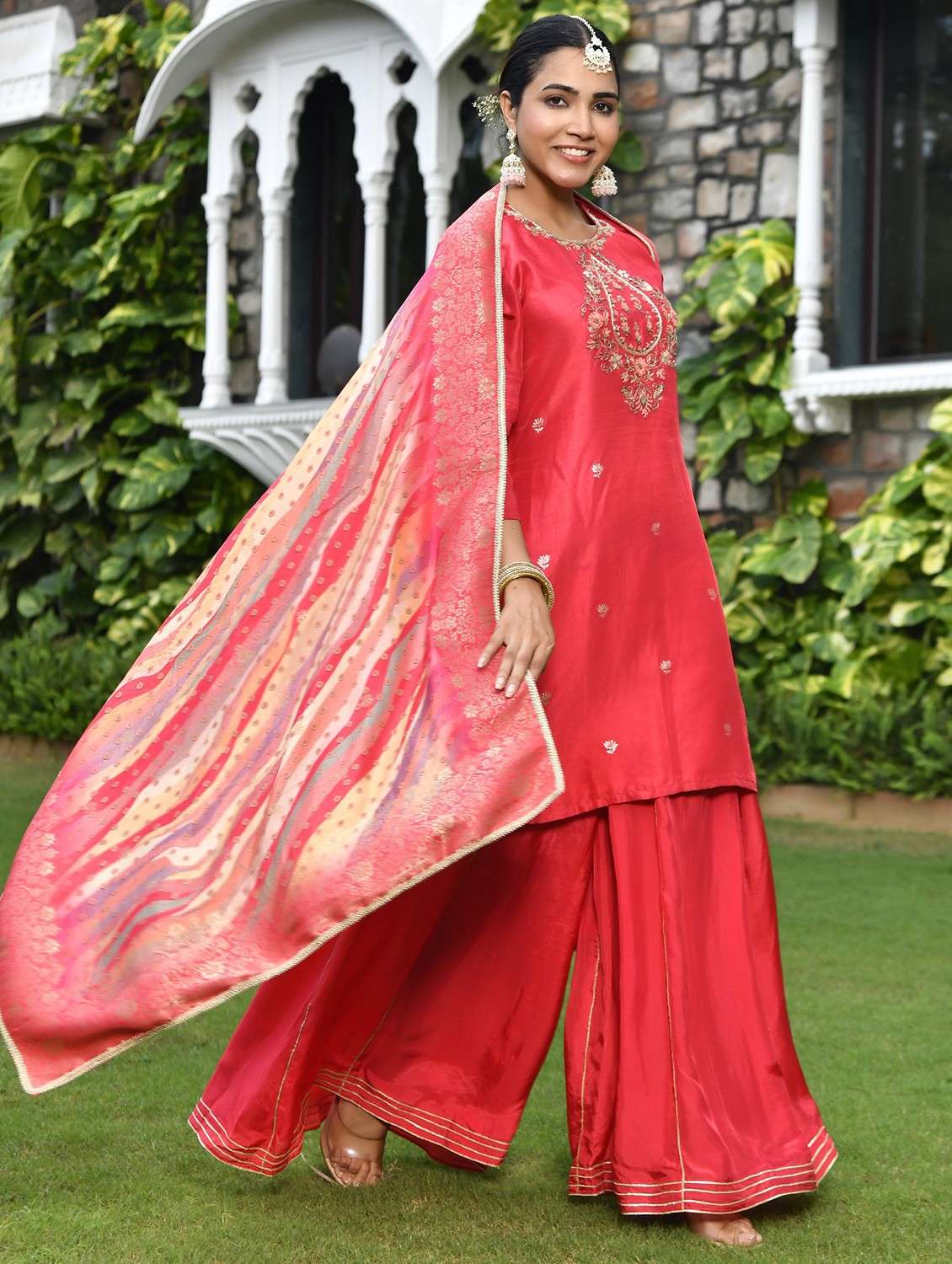 women three quarter sleeve kurta pant with dupatta set - 22068533 - Standard Image - 1