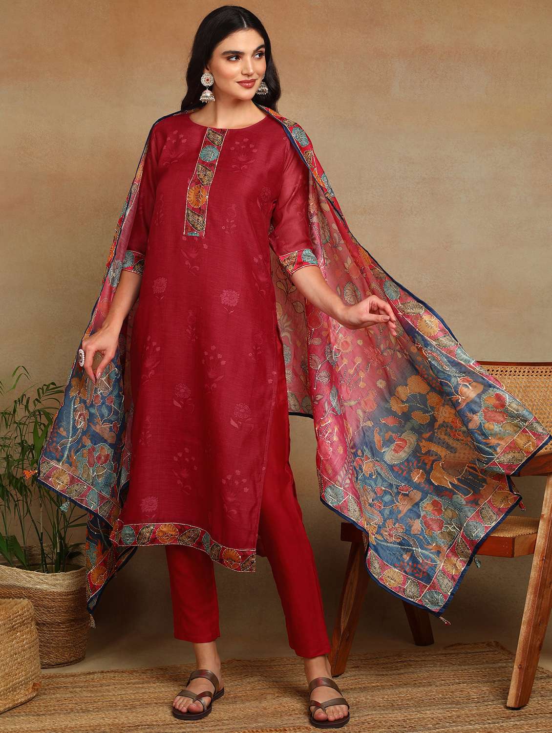women three quarter sleeve kurta pant with dupatta set - 22068565 - Standard Image - 1