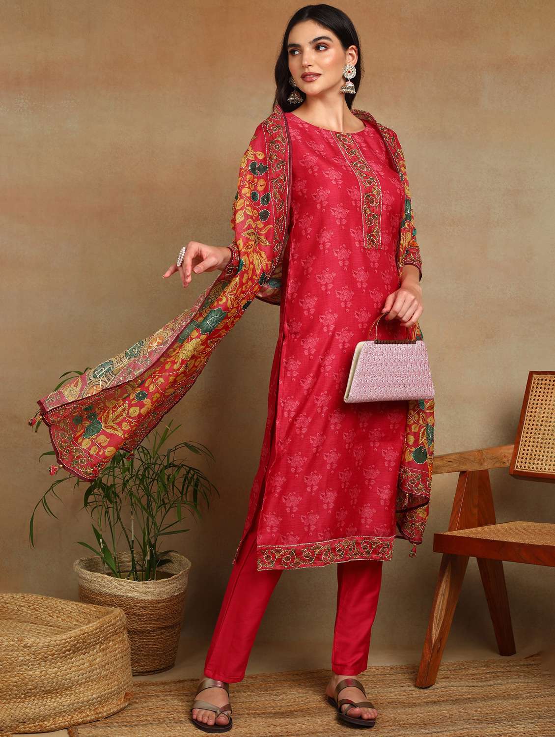 women three quarter sleeve kurta pant with dupatta set - 22068566 -  Standard Image - 1