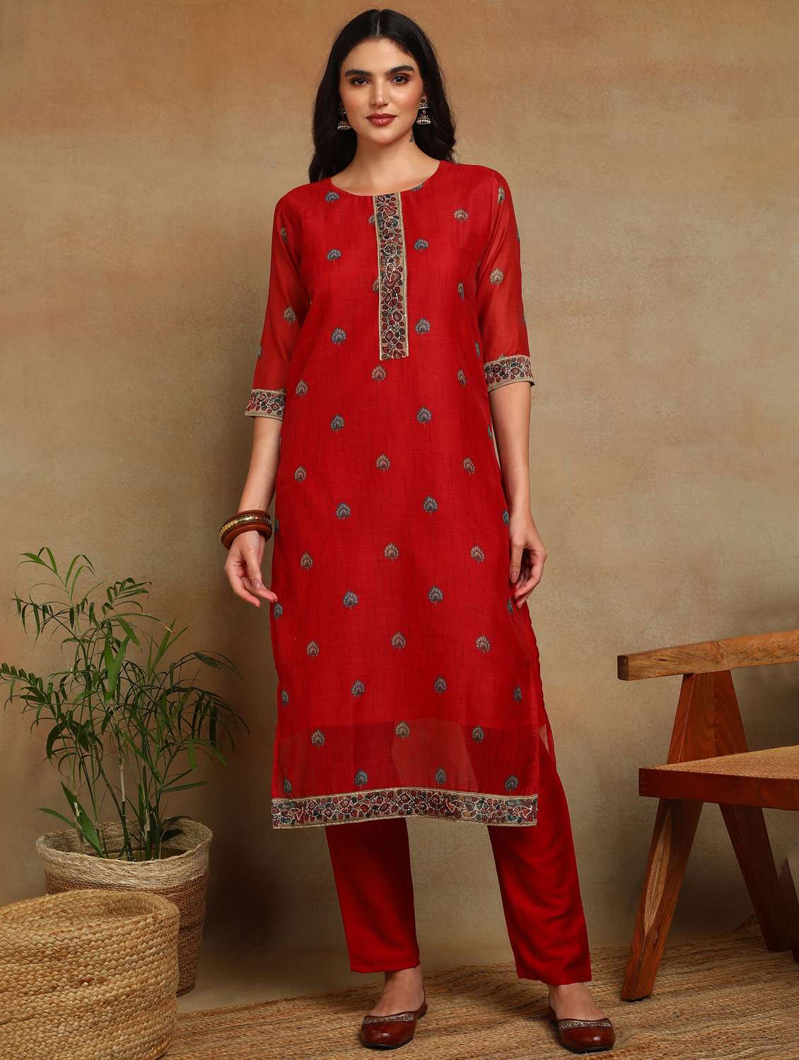 women three quarter sleeve kurta pant with dupatta set - 22068575 - Standard Image - 1
