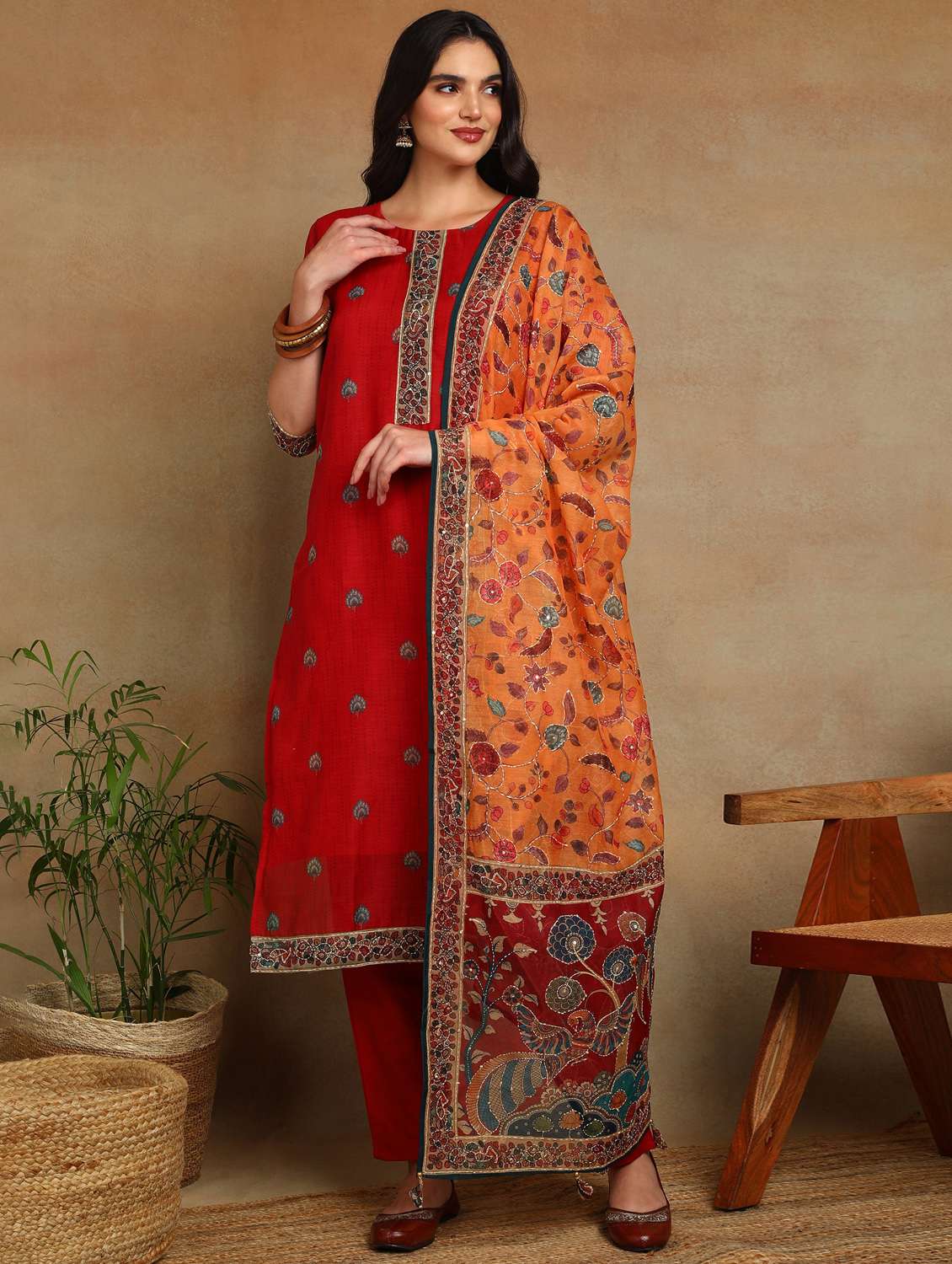 women three quarter sleeve kurta pant with dupatta set - 22068575 - Standard Image - 4