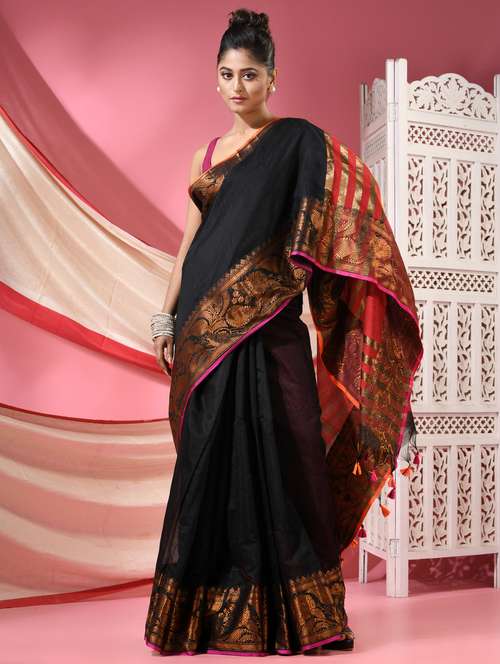women solid with bordered handloom saree with blouse - 22068621 - Standard Image - 0