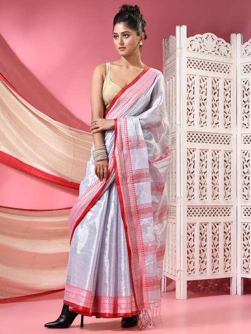 women solid with bordered handloom saree with blouse - 22068628 - Standard Image - 0