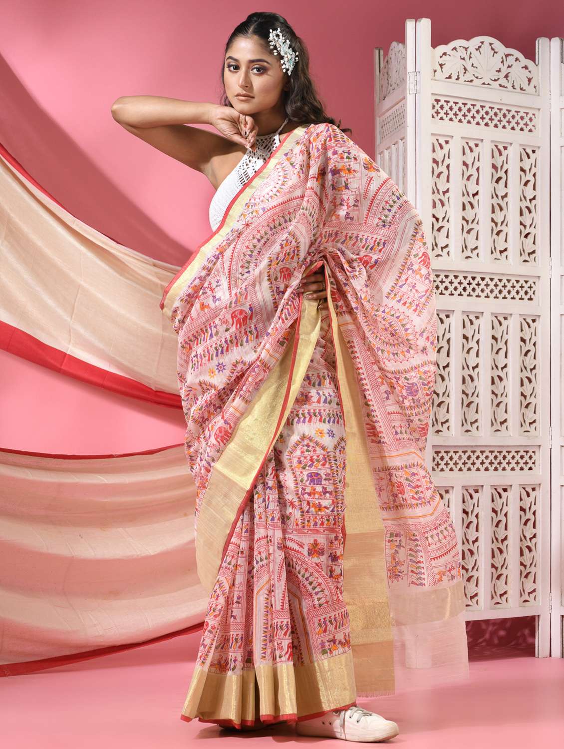 women warli printed handloom saree with blouse