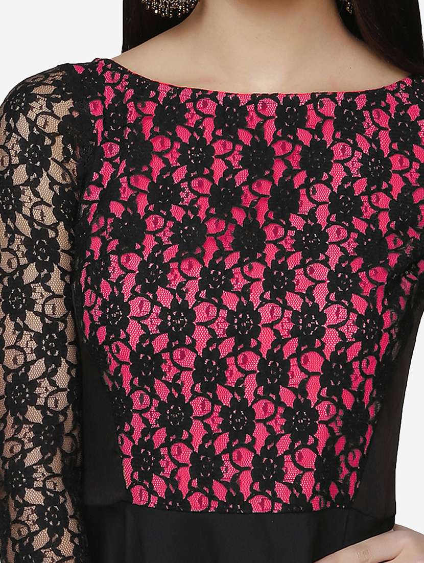 women solid boat neck lace fit & flared dress - 22068790 - Standard Image - 4