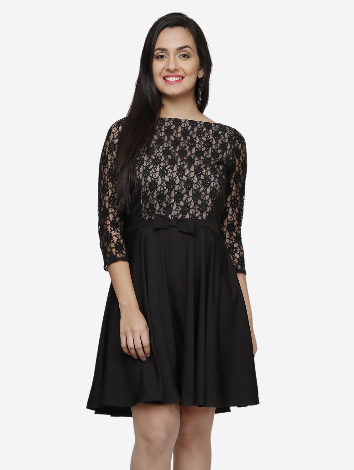 women solid boat neck lace fit & flared dress - 22068791 -  Standard Image - 1