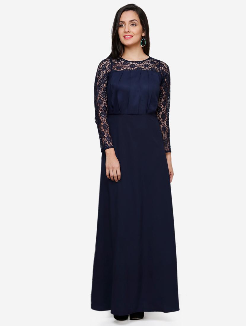 women solid long sleeve lace fit & flared dress - 22068793 - Standard Image - 1