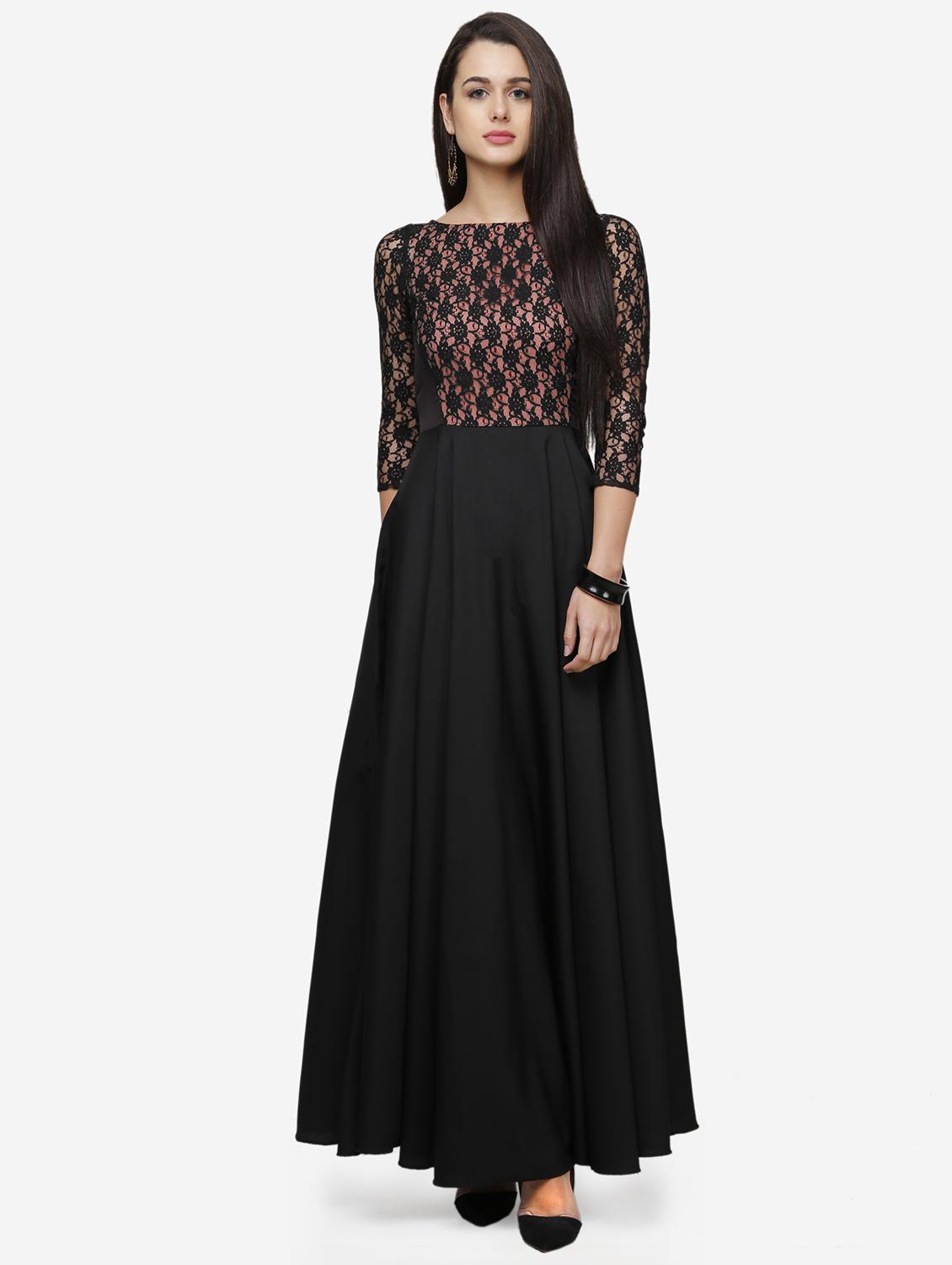 women solid boat neck lace fit & flared dress - 22068794 - Zoom Image - 0