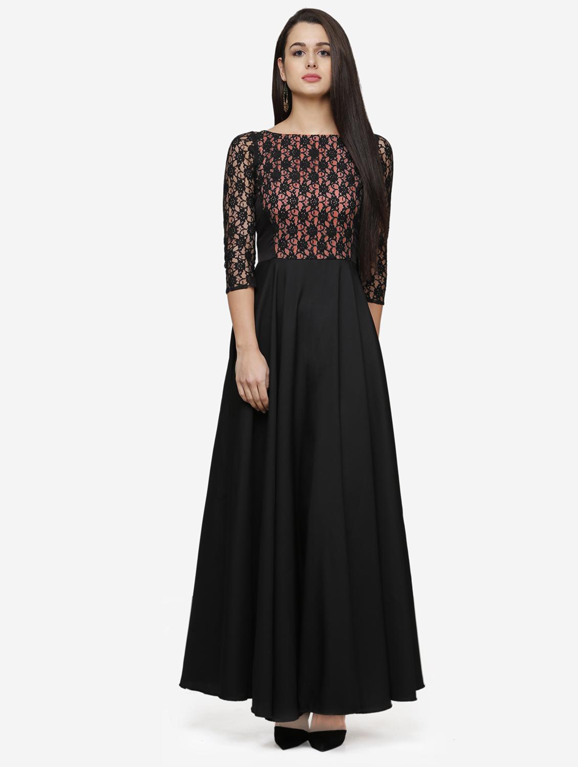 women solid boat neck lace fit & flared dress - 22068794 - Standard Image - 1