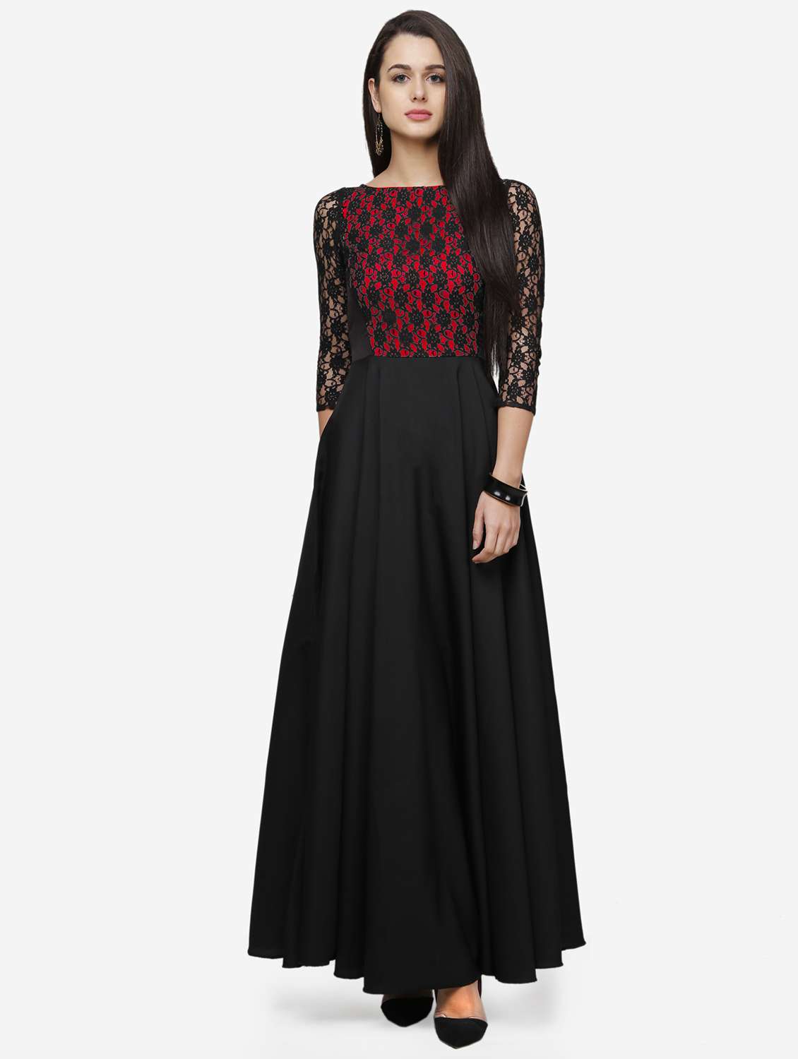 women solid boat neck lace fit & flared dress