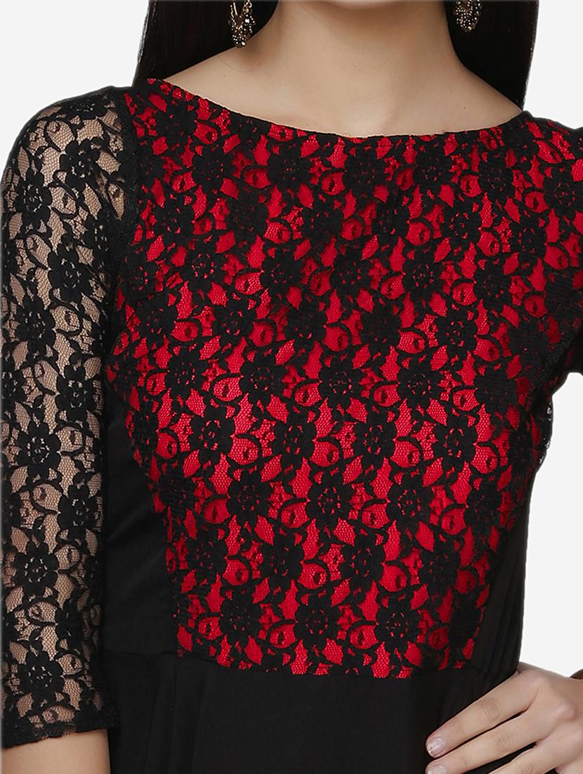 women solid boat neck lace fit & flared dress - 22068795 - Standard Image - 4
