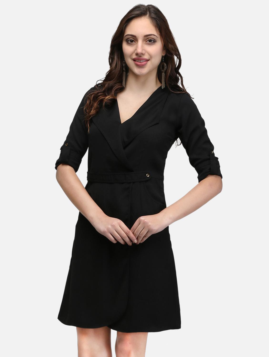 women black solid roll up sleeve wrap dress - 22068796 - Standard Image - 1