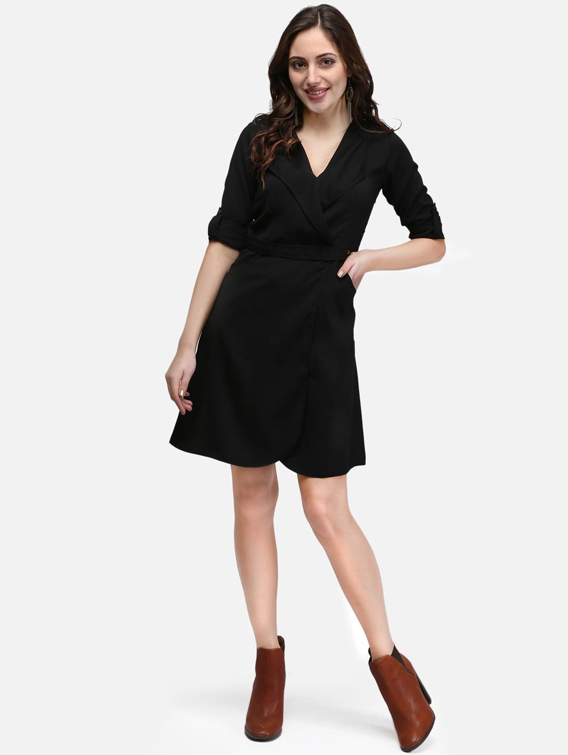 women black solid roll up sleeve wrap dress - 22068796 - Standard Image - 4