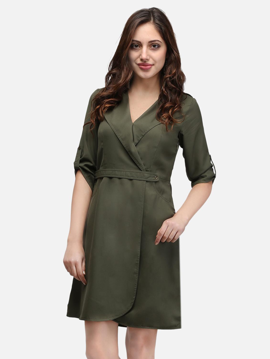 women olive solid roll up sleeve wrap dress - 22068797 - Zoom Image - 0