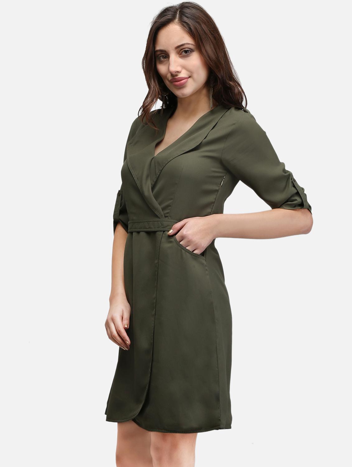 women olive solid roll up sleeve wrap dress - 22068797 - Standard Image - 1
