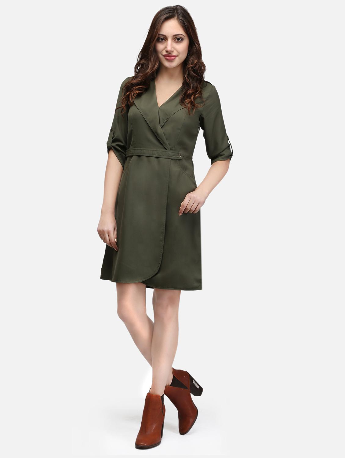 women olive solid roll up sleeve wrap dress - 22068797 - Standard Image - 4