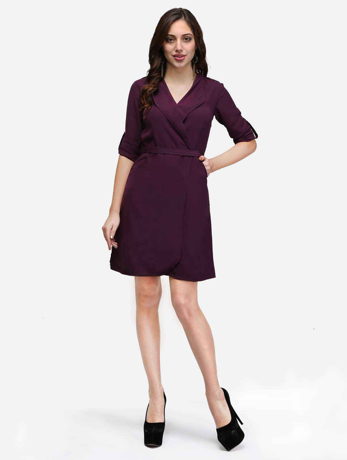 women black solid roll up sleeve wrap dress - 22068798 - Standard Image - 4