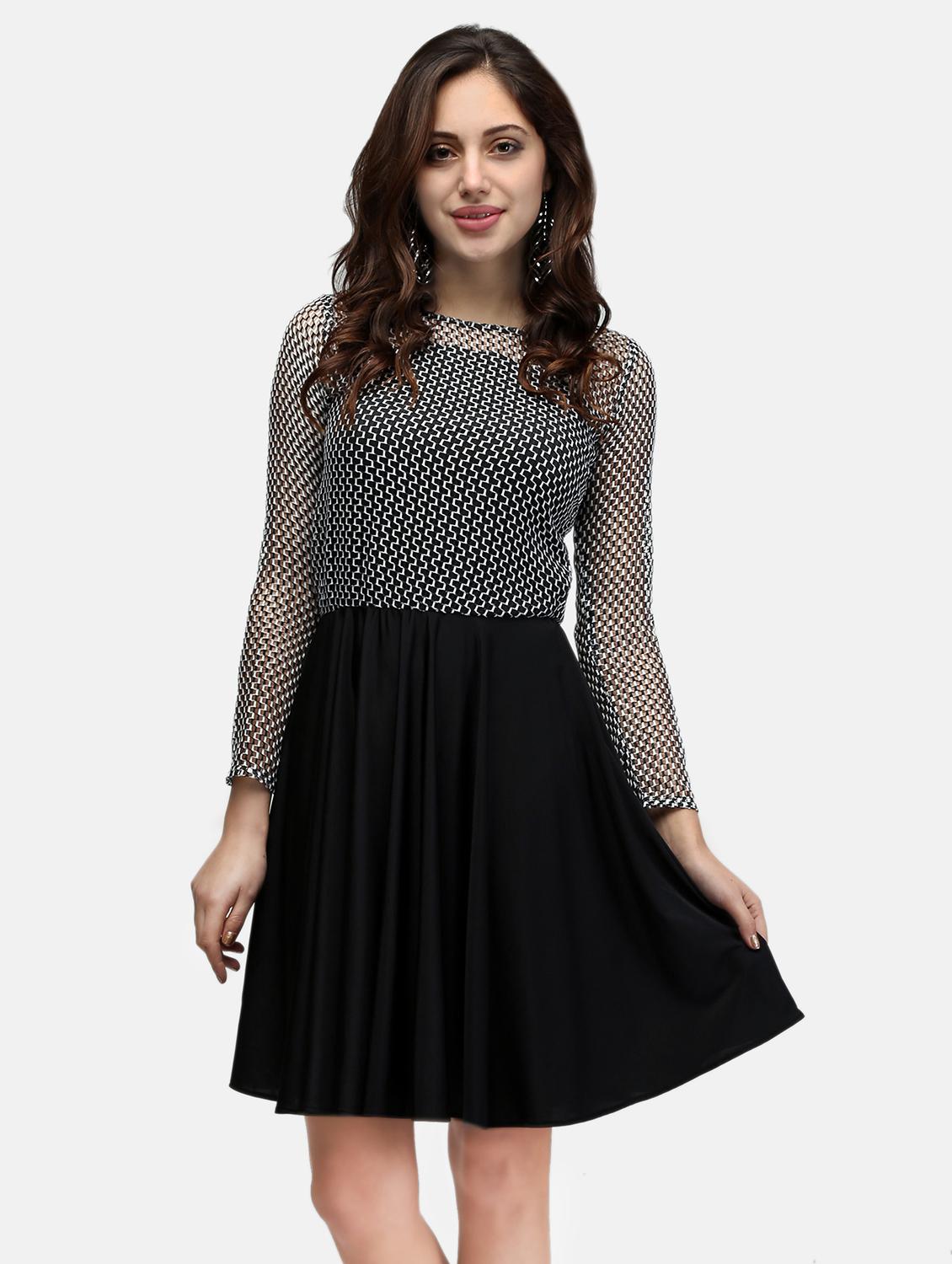 women black long sleeve lace fit & flare dress - 22068799 - Standard Image - 1