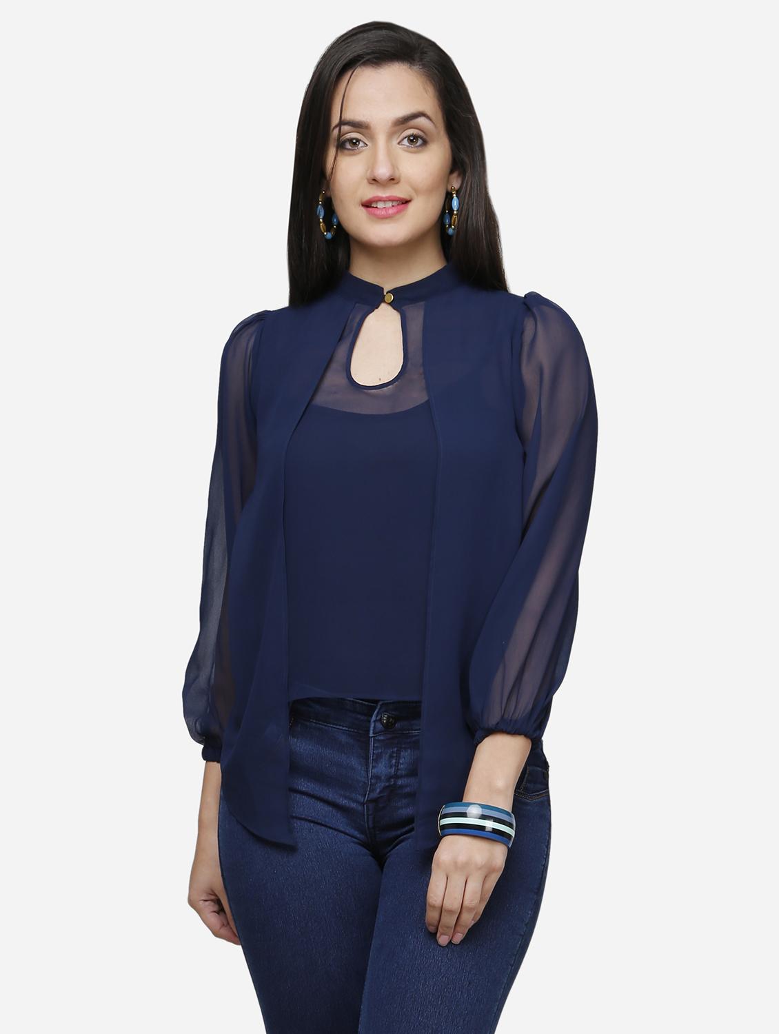 women blue solid puff sleeve layered top - 22068802 -  Standard Image - 1
