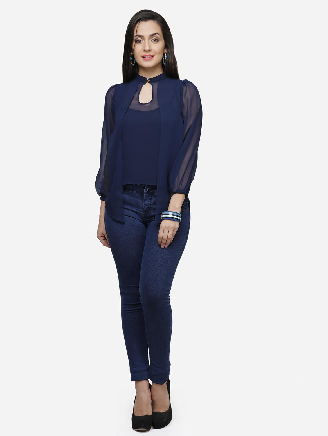women blue solid puff sleeve layered top - 22068802 - Standard Image - 4