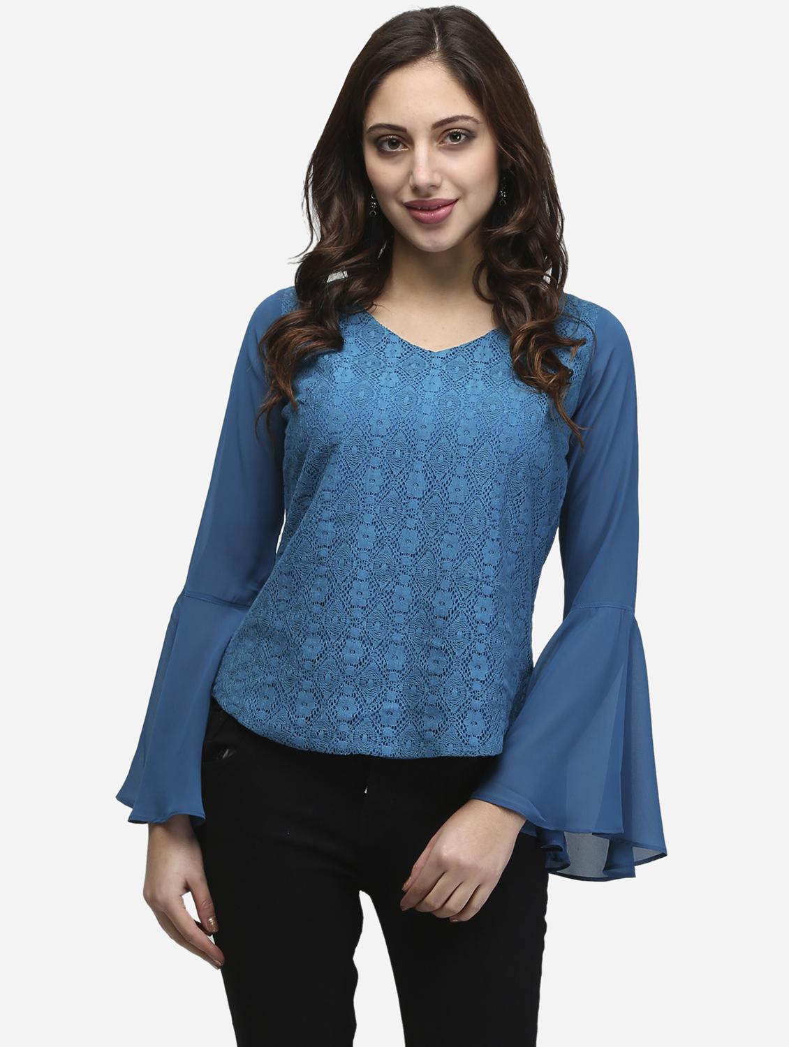 women blue solid bell sleeve lace top - 22068804 - Standard Image - 1