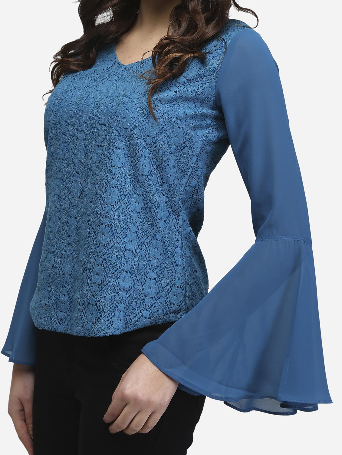 women blue solid bell sleeve lace top - 22068804 - Standard Image - 4