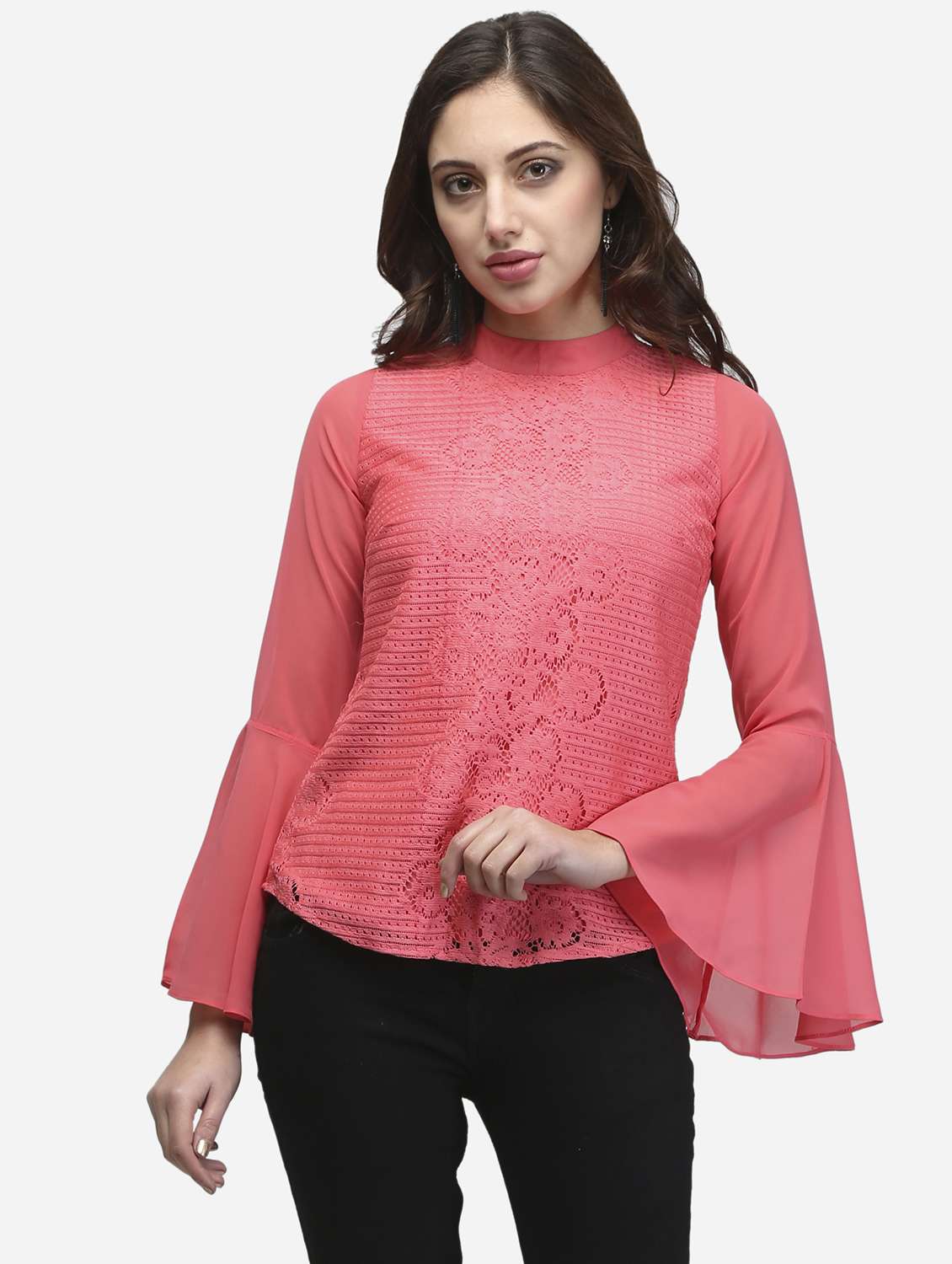 women peach solid bell sleeve lace top - 22068805 - Standard Image - 1