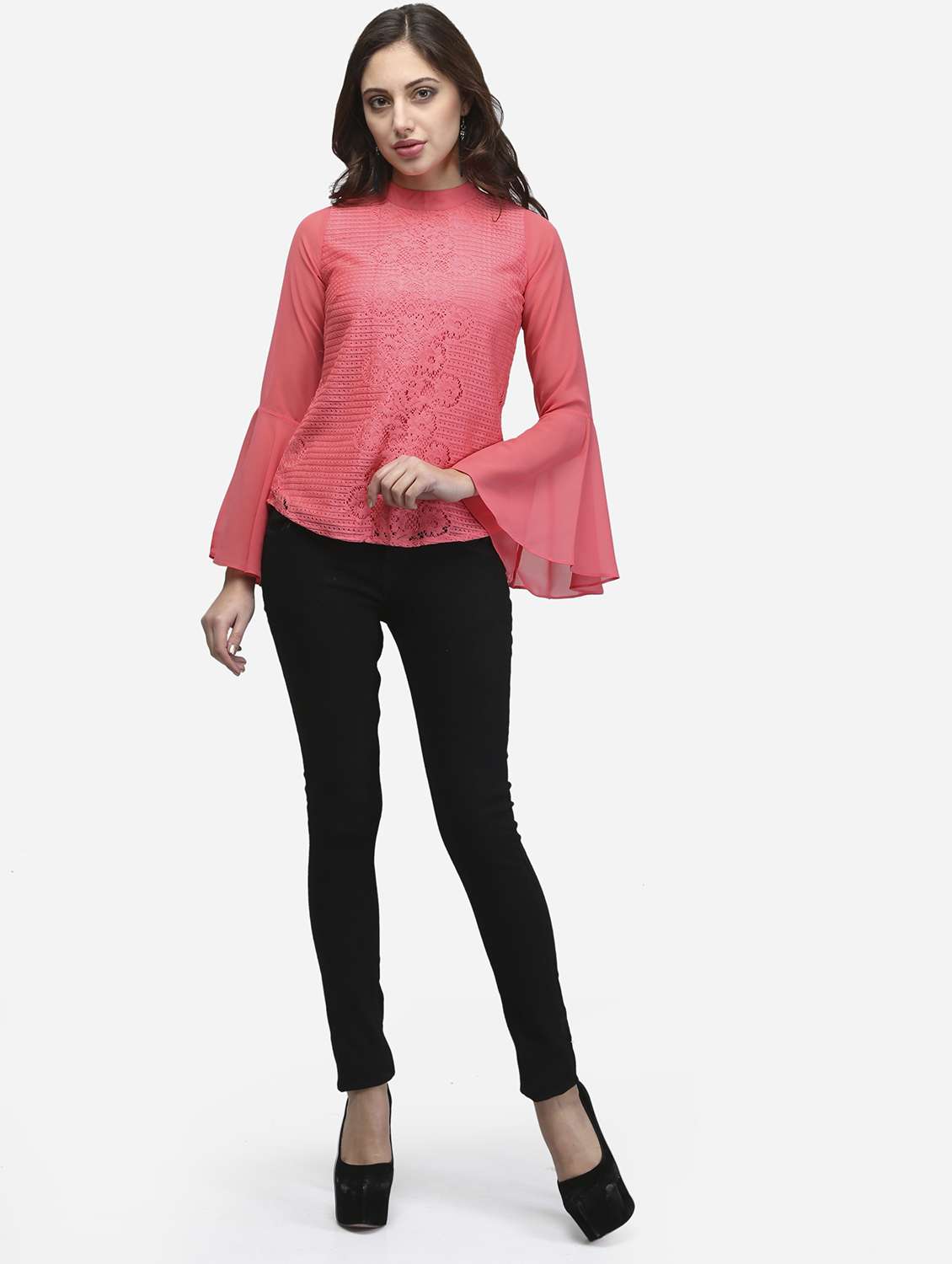 women peach solid bell sleeve lace top - 22068805 - Standard Image - 4