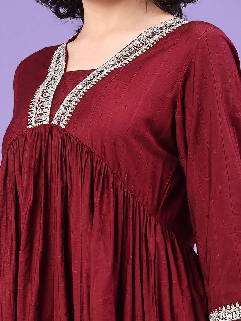 women solid three quarter sleeve a-line kurta - 22068945 -  Standard Image - 1