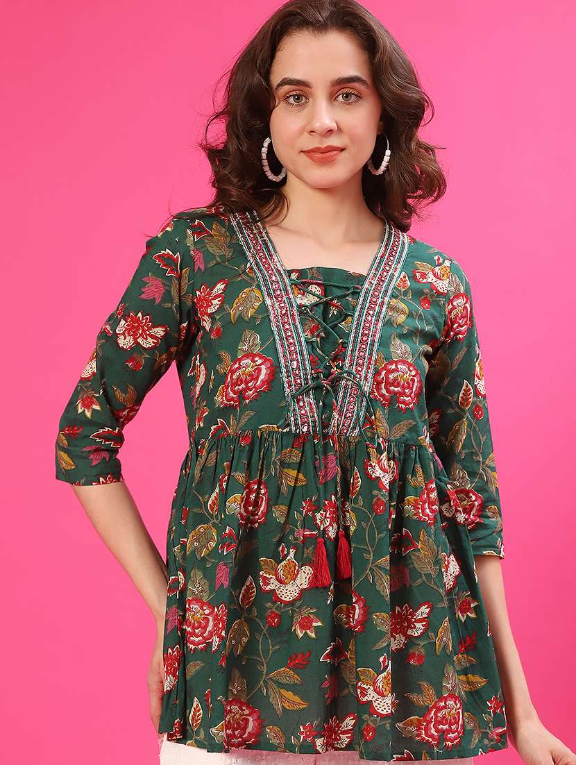 women floral printed three quarter sleeve flared kurti