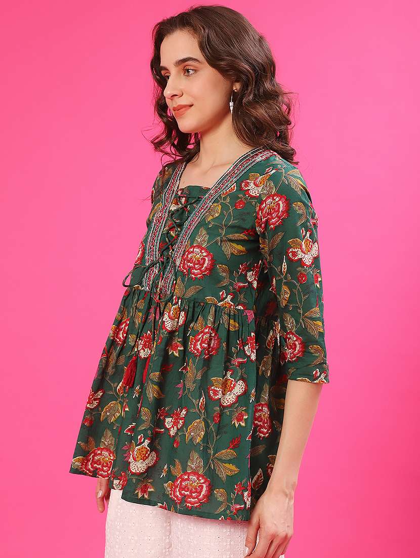 women floral printed three quarter sleeve flared kurti - 22069048 -  Standard Image - 1