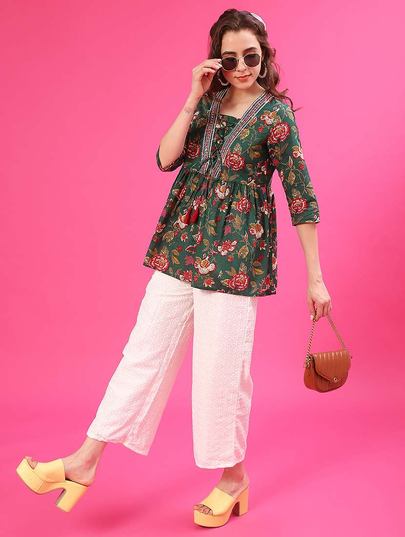 women floral printed three quarter sleeve flared kurti - 22069048 -  Standard Image - 4