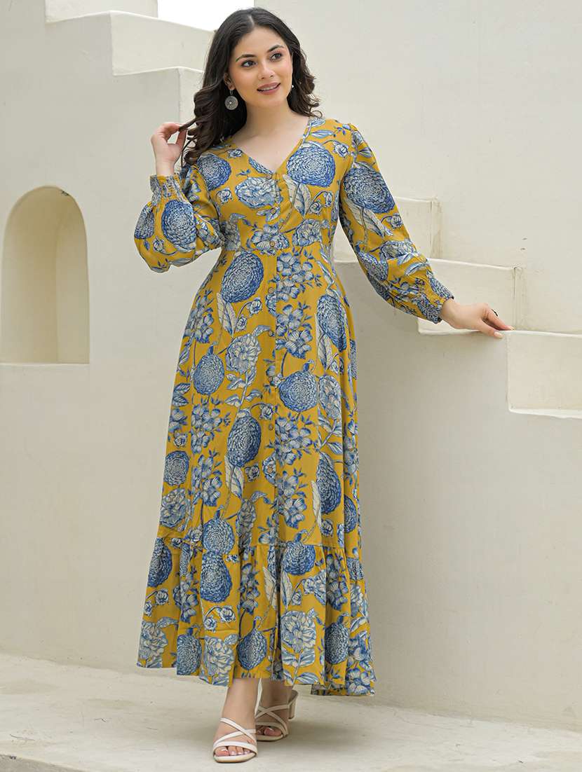 tiered maxi dress mustard floral print rayon - 22069135 -  Standard Image - 1