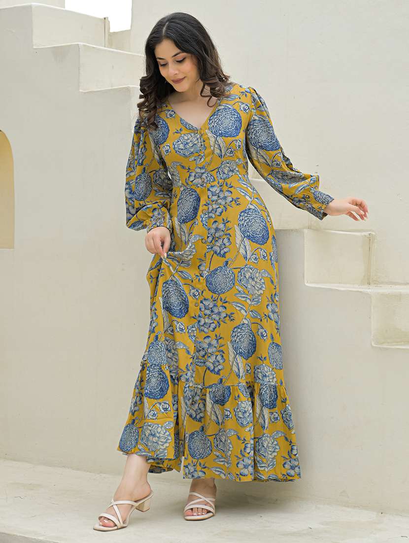 tiered maxi dress mustard floral print rayon - 22069135 -  Standard Image - 4