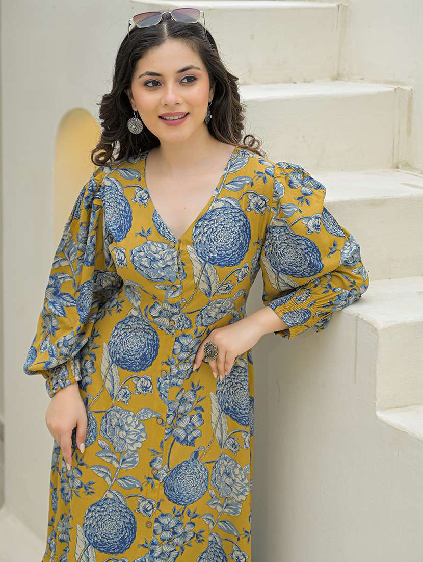 tiered maxi dress mustard floral print rayon - 22069135 -  Standard Image - 6